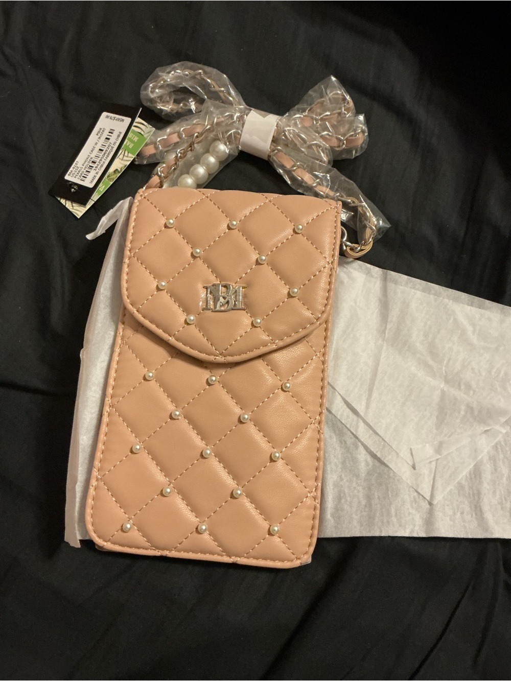 Badgley Mischka Quilted Pearl Accent Phone Crossbody - Peach